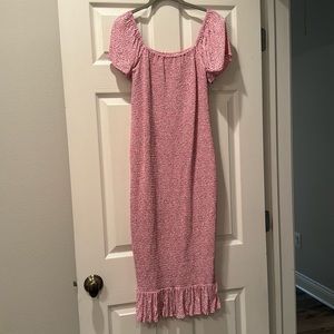 Pink Floral Smocked Midi. Perfect for Baby Shower/Maternity.